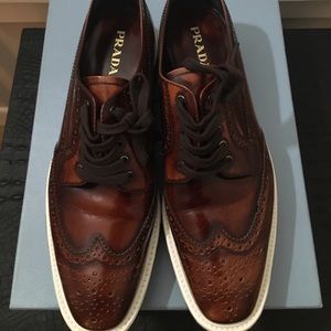 Prada Platform Brogue-Trim Leather Oxford, Tobacco